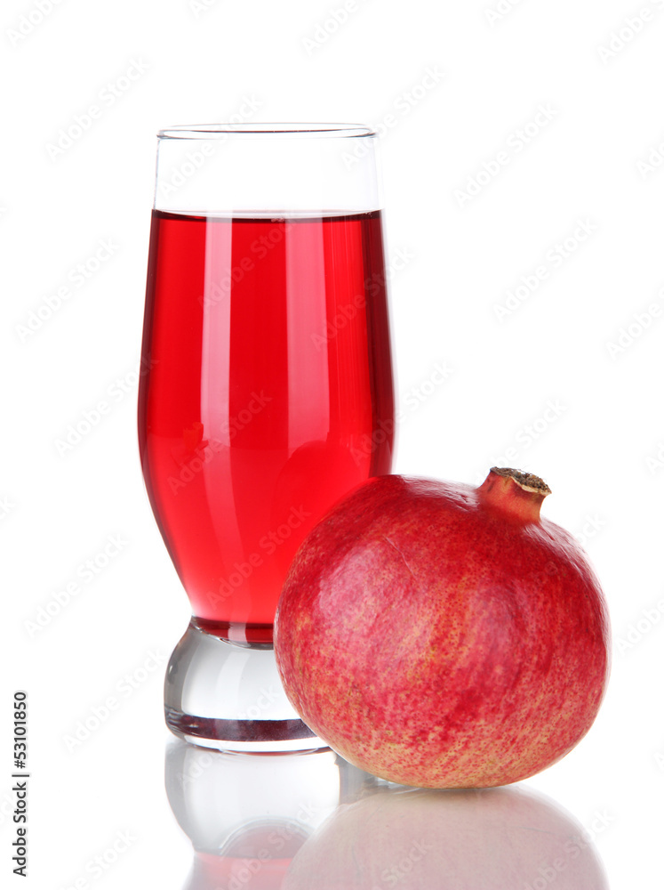 Glass of fresh garnet juice isolated on white