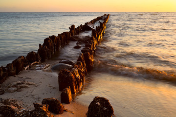 Fototapete - old breakwater in North sea at sunset