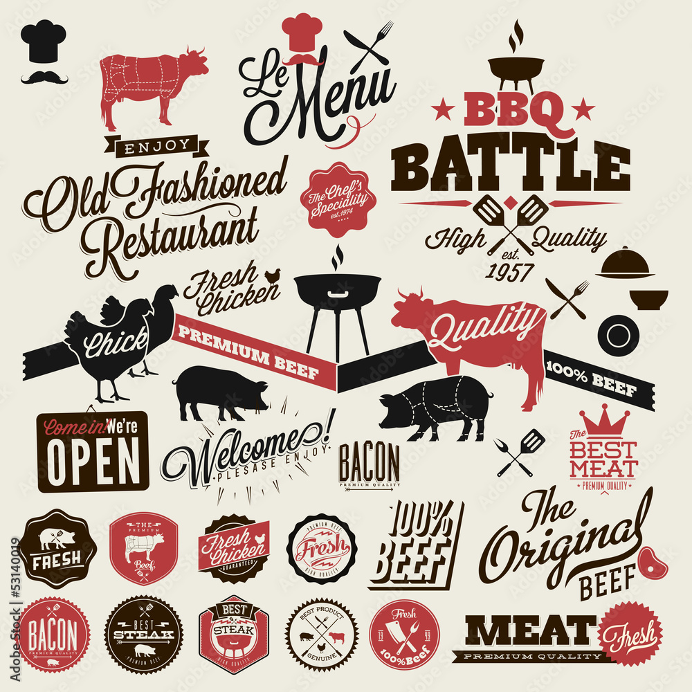 Big set of Vintage BBQ Grill elements Stock Vector | Adobe Stock