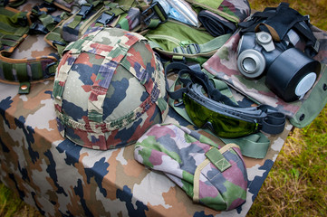 Basic military equipment with helmet, glasses and gas mask