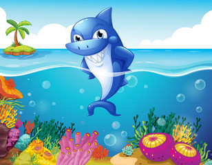 Wall Mural - A shark in the deep sea smiling