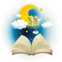 Aufkleber - An open book with an image of a fairy and a sleeping moon