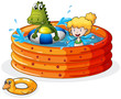 A girl and a crocodile swimming inside the inflatable pool