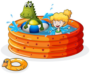 Canvas Print - A girl and a crocodile swimming inside the inflatable pool