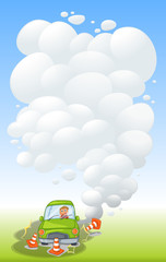 A green car in an accident with smoke