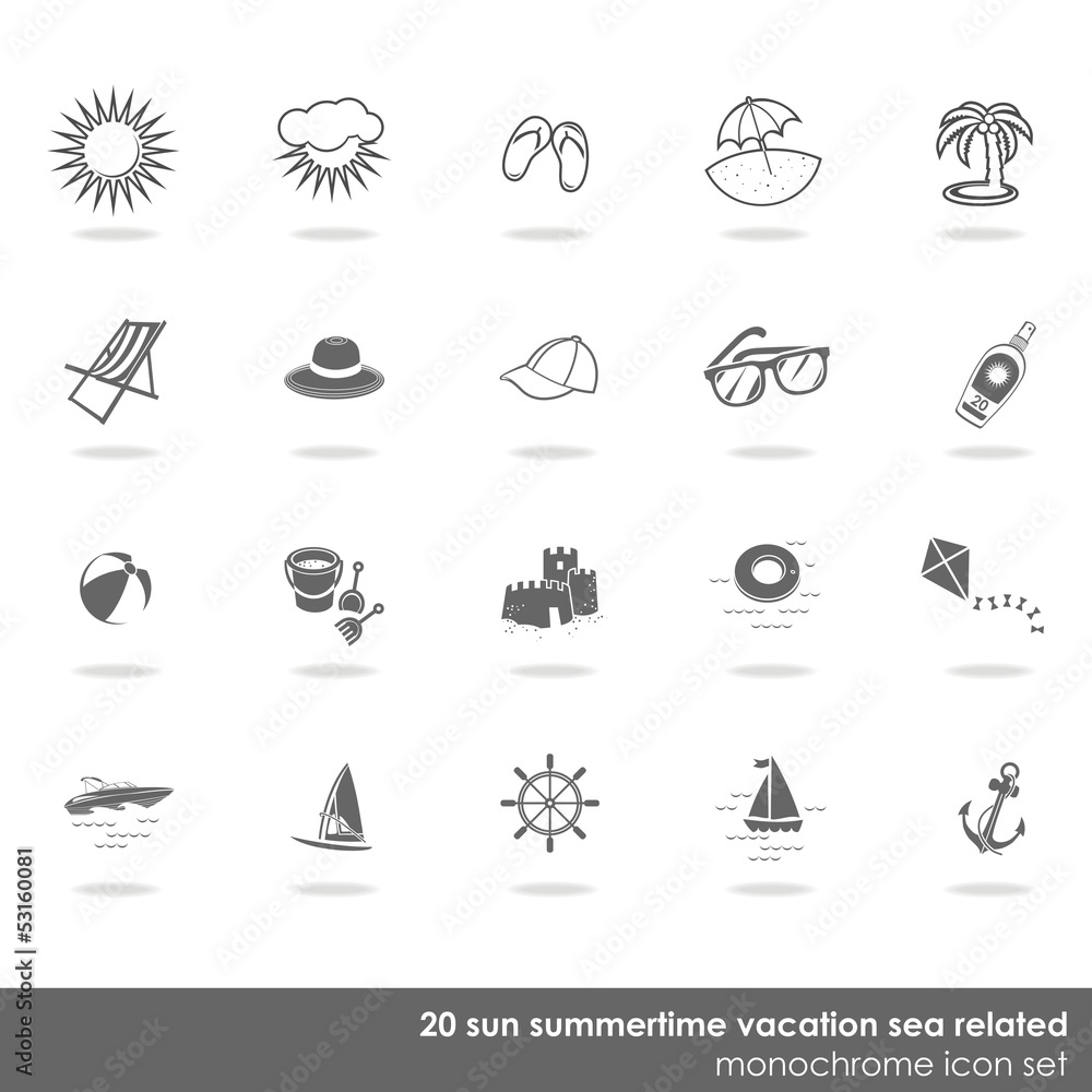słońce plaża wypoczynek zestaw 20 ikon na białym tle - obrazy, fototapety, plakaty 