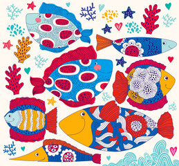Wall Mural - vector cartoon funny fishes