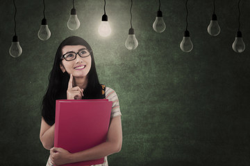 Wall Mural - Asian female looking at light bulbs in class