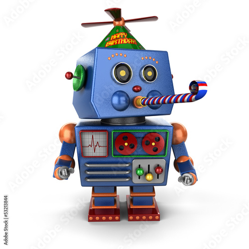 Fototapeta na wymiar Happy Birthday toy robot with party favor