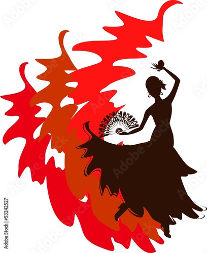 Board z aluminiowym obramowaniem Sylwetka tancerki flamenco z wentylatorem i kastanietami