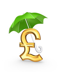 Poster - Golden sign of dollar under green umbrella.