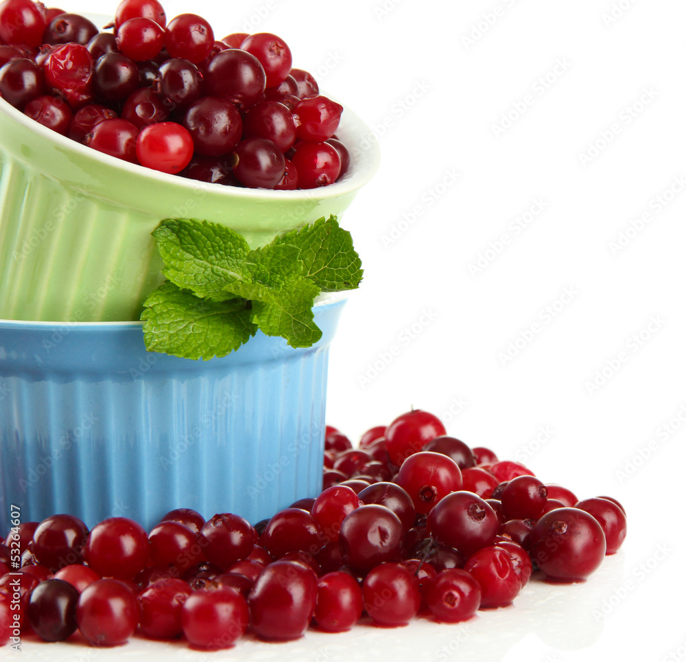 Ripe red cranberries in bowls, isolated on white.