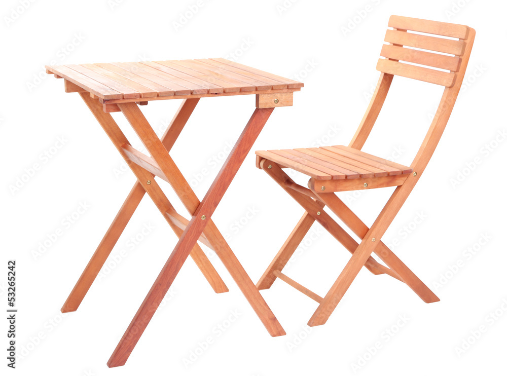 Wooden table with chair isolated on white