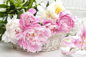 Canvas Print - Lush peonies in white basket