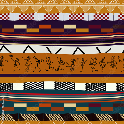 Photographie Seamless texture with figures of primitive people. Tribal style
