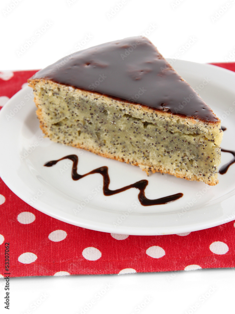 Delicious poppy seed cake isolated on white