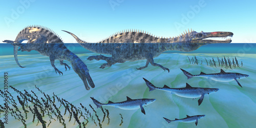 Fototapeta na wymiar Suchomimus Hunting Fish