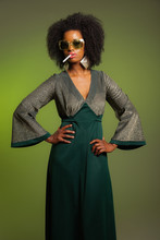 Smoking Retro 70s Fashion Afro Woman With Green Dress And Sungla
