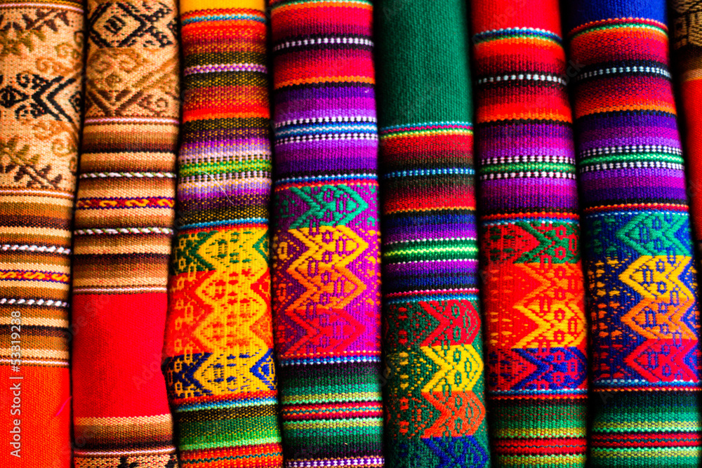 Colorful Fabric at market in Peru, South America - obrazy, fototapety, plakaty 