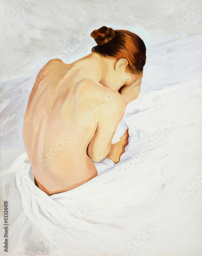 Naklejka ścienna sad crying girl , painting by oil on canvas, illustration