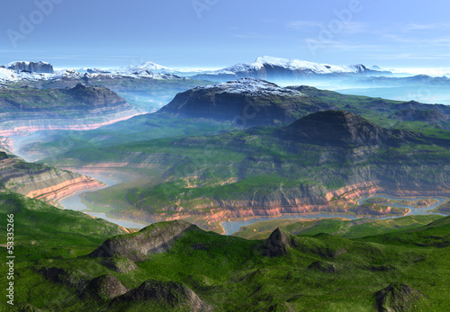 Nowoczesny obraz na płótnie Mountain Fantasy Landscape - Computer Artwork