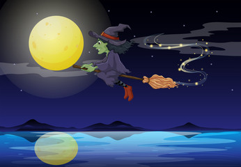 Poster - A witch riding on a broom in a moonlight scenery