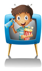 Canvas Print - A boy inside the TV with a popcorn and a ticket