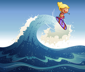 Wall Mural - A girl surfing with big waves