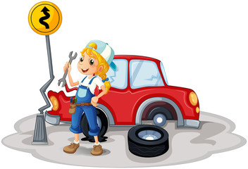 Poster - A female mechanic near the car accident