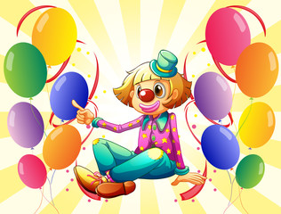 Sticker - A female clown sitting surrounded with colorful balloons