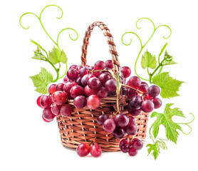 Wall Mural - Red grapes in wicker basket with leaves Isolated on white