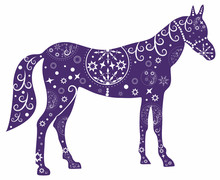 Painted Blue Horse.Illustration With Decorative Pattern