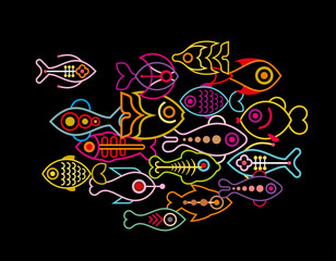 Canvas Print - Fishes on black background