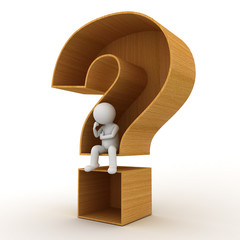 Poster - 3d man sitting in wooden question mark concept on white