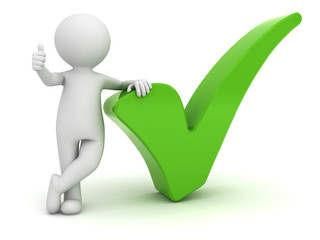 Fototapete - 3d man showing thumbs up with green check mark over white