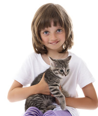 Wall Mural - little girl with a kitten - white background