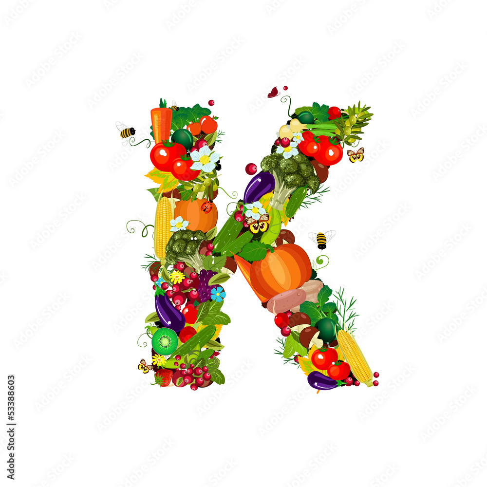 Fresh vegetables and fruits letter K - obrazy, fototapety, plakaty 