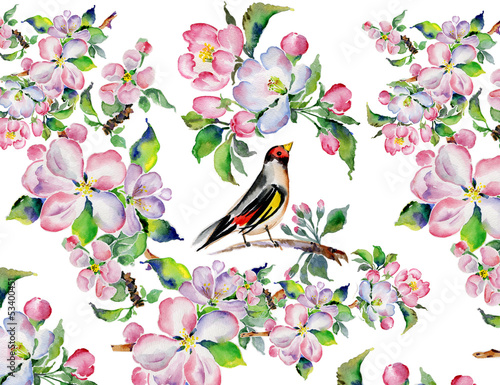 Obraz w ramie Watercolor bird and flowers