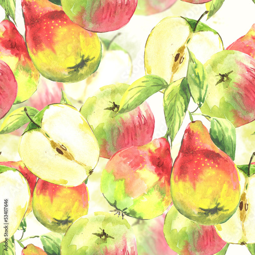 Fototapeta do kuchni Seamless background, watercolor pears and apples