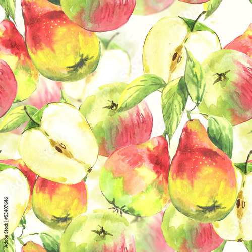 Naklejka - mata magnetyczna na lodówkę Seamless background, watercolor pears and apples