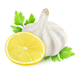 Poster - Isolated spices. Slice of lemon, garlic and parsley leaf (gremolata sauce ingredients) isolated on white background