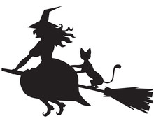 Witch On A Broom And Cat