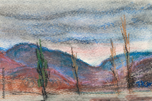 szare-chmury-nad-gorami-pastelowa-ilustracja