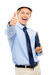 Happy young businessman architect thumbs up isolated on white ba