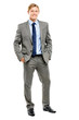 © AILA_IMAGES - Happy businessman standing full length isolated on white