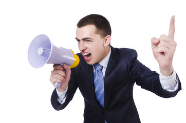 Man with loudspeaker isolated on white