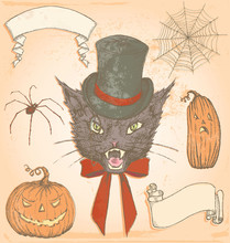 Hand Drawn Vintage Halloween Creepy Cat Vector Set