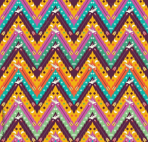 Plakat na papierze fotorealistycznym Bezszwowy kolorowy aztec geometryczny wzór z ptakami i strzała