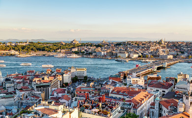 Wall Mural - Istanbul skyline at sunset, Turkey. Aerial view of Golden Horn and old town . 