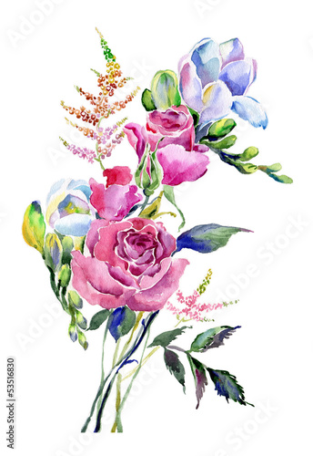 Naklejka - mata magnetyczna na lodówkę Watercolor bouquet with roses